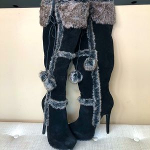 Noviana Black Suede Fur Platform Heel Boots